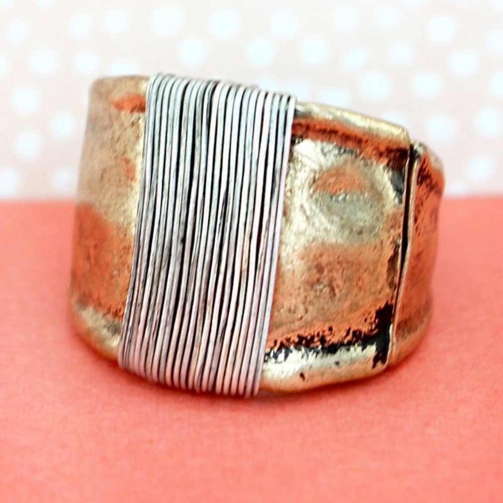 Gold-tone Ring Burnished Silver-tone Wire-wrapped